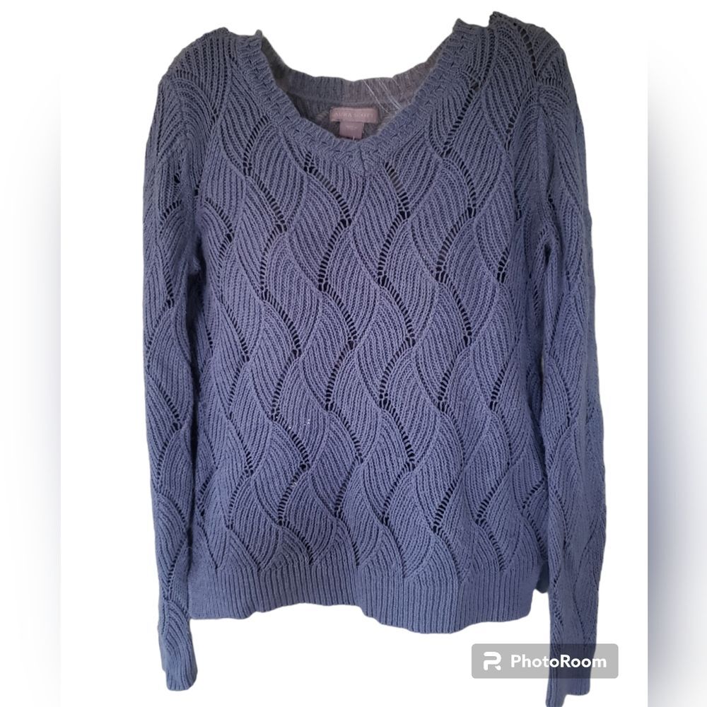 Laura Scott‎ Pointelle Knit Sweater – Heather Blue, Size Small Scalloped Crew